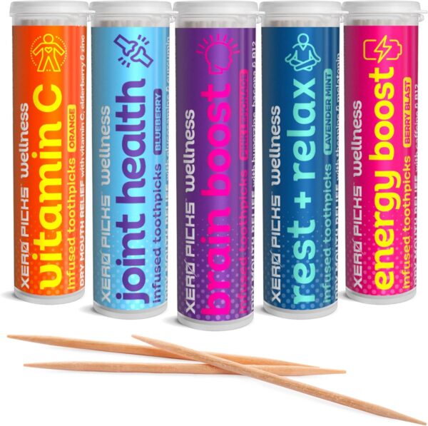 Xero Picks Wellness - Flavored Toothpicks -100 Picks-Variety 5 Pack-Curcumin, Glucosamine, Huperzine, Bacopa, B12, Elderberry, Vitamin C, Zinc, B6, Melatonin, Theanine