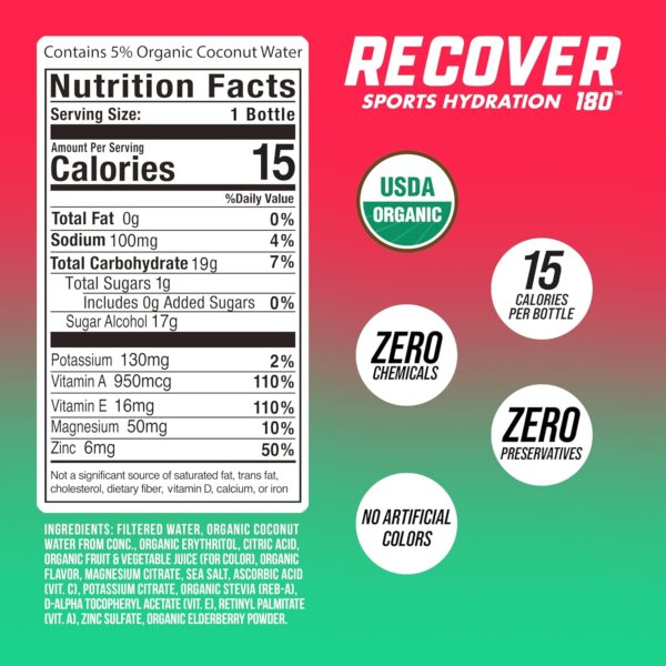 RECOVER 180 Organic Sports Hydration Drink, No Sugar Added, 15 Calorie Sports Beverage, Organic Flavors With Vitamins, Potassium-Packed Electrolytes (16.9 Fl Oz (Pack of 12), Watermelon)