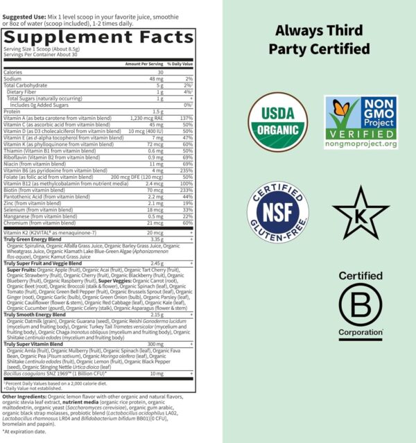 81vb9nXLZLL._AC_SL1500_.jpg Garden of Life Sport Nutrition Greens and Superfoods Powder for Women and Men - Unflavored, Organic Blend - Spirulina, Fruit, Vitamins, Pre & Probiotics, Mushrooms, Athletic Supplements, 30 Servings