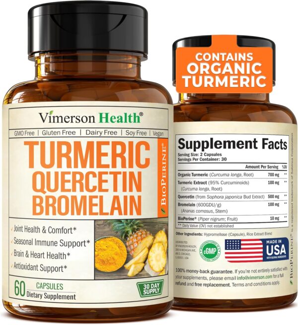 Quercetin with Bromelain Turmeric Supplement - Quercetin 500mg Capsules + Curcumin with Black Pepper - Joint Supplements for Women & Men. Bromelain Turmeric Curcumin Supplement. 60 Tumeric Capsules