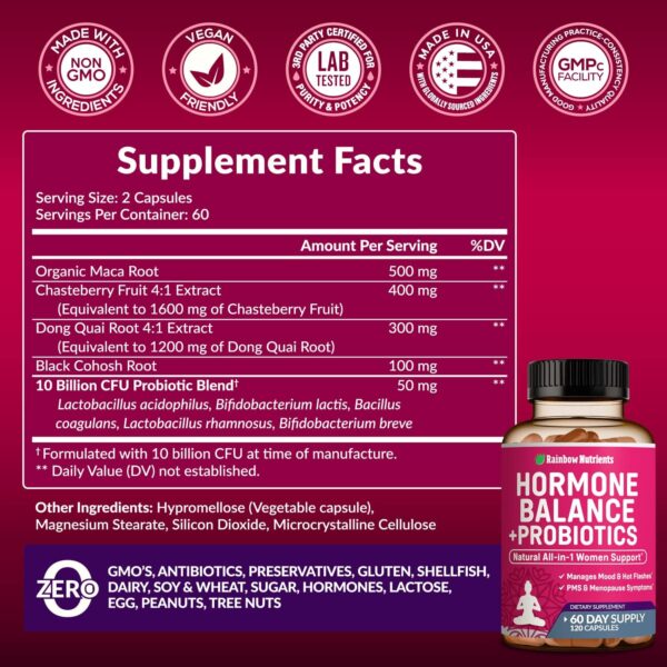 Hormone Balance + Probiotics for Women (3450mg) Natural Menopause Relief, Weight Management, Bloating, Hot Flashes, PMS | Organic Maca, Chasteberry, Dong Quai & Black Cohosh | Non GMO |120 V Capsules