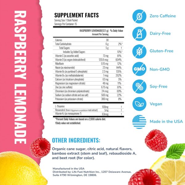Hyburst Energy + Hydration Amplifier - Multivitamin Electrolyte Powder Packets with Vitamins D3 K2 & B6 B12 | L-Theanine, Cane Sugar, Caffeine Free Energy Drink Powder | Raspberry Lemonade, 15 Pack