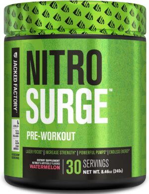 Jacked Factory NITROSURGE Pre Workout Supplement - Endless Energy, Instant Strength Gains, Clear Focus and Intense Pumps - NO Booster & Powerful Preworkout Energy Powder - 30 Servings, Watermelon