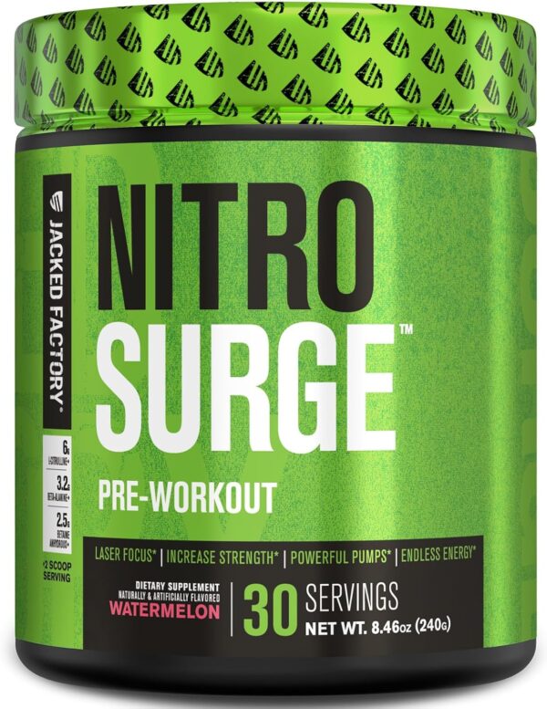 Jacked Factory NITROSURGE Pre Workout Supplement - Endless Energy, Instant Strength Gains, Clear Focus and Intense Pumps - NO Booster & Powerful Preworkout Energy Powder - 30 Servings, Watermelon