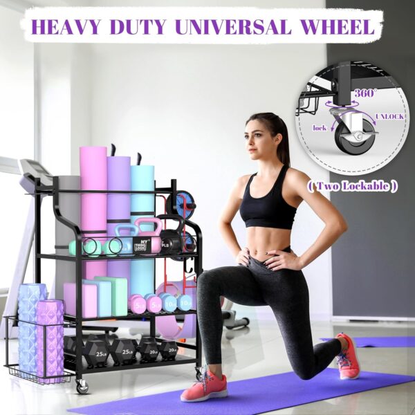Mythinglogic Yoga Mat Storage Racks,Home Gym Storage Rack for Dumbbells Kettlebells Foam Roller, Yoga Strap and Resistance Bands, Workout Equipment Storage Organizer With Hooks and Wheels