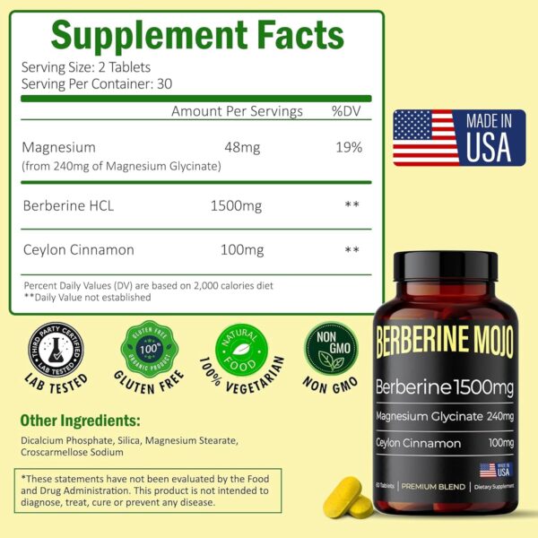 Berberine Supplement 1500mg with Magnesium Glycinate 240mg & Ceylon Cinnamon 100mg - Natural Weight Management, Gut Health, High Potency & Absorption, Made in USA - 60 Tablets