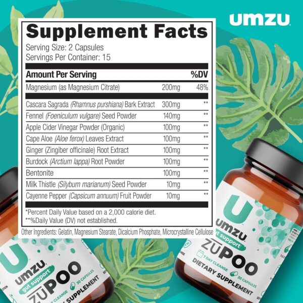 UMZU zuPOO Natural Colon Cleanse, Constipation Relief & Detox Supplement for Women & Men, Cascara Sagrada, Magnesium, Milk Thistle, Apple Cider Vinegar (15 Day Supply | 30 Capsules)