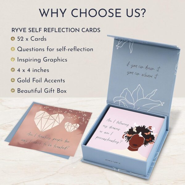 RYVE 52 Empowering Question Cards for Mindfulness, Meditation and Therapy - Self Care Cards, Self Reflection Cards for Women, Meditation Cards for Women, Mindfulness Cards, Self Care Gifts for Women