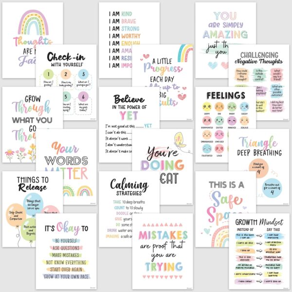 Decorably 18 Mental Health Posters for Classroom, 8x10in Matte-Laminated Inspirational School Psychologist Office Decor