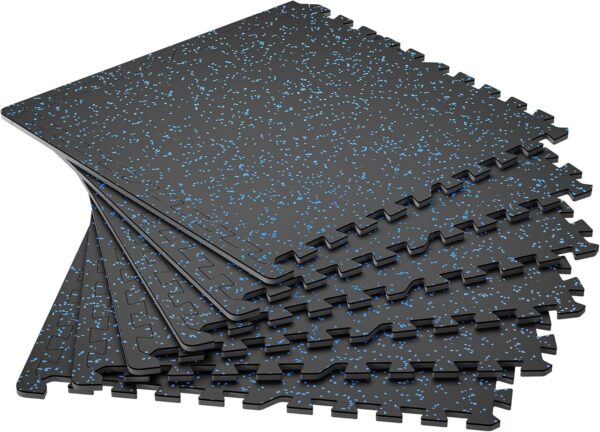 81wVDNUg8gL._AC_SL1500_.jpg SUPERJARE 0.4'' Thick 6 Pcs 24 Sq Ft Rubber Top Exercise Equipment Mats, High Density EVA Foam Mats with Rubber Top, Interlocking Gym Flooring for Home Gym, Protective Workout Mat, Black/Blue