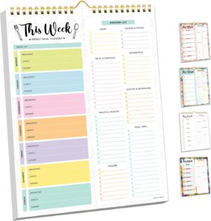 Decorably 52 Sheets Pastel Undated Weekly Meal Planner and Grocery List, 8.5x11in Spring-Bound Meal Planning Notepad, Weekly Menu Planner Pad