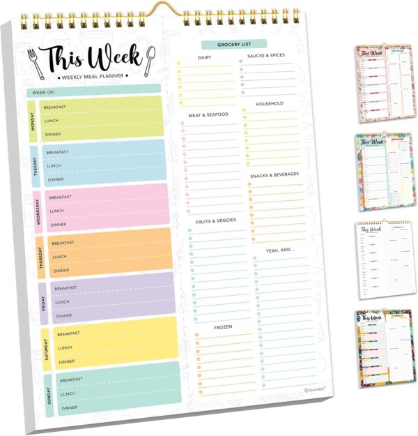 Decorably 52 Sheets Pastel Undated Weekly Meal Planner and Grocery List, 8.5x11in Spring-Bound Meal Planning Notepad, Weekly Menu Planner Pad
