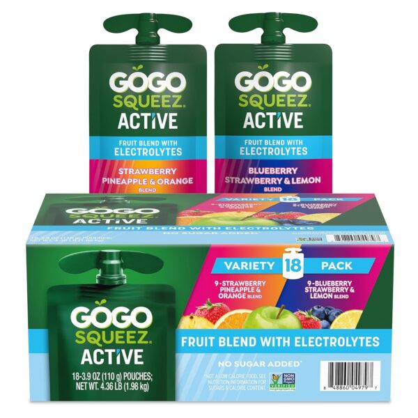 GoGo squeeZ Active Fruit Blend with Electrolytes | 18-Count Variety Pack | Blueberry Strawberry Lemon & Strawberry Pineapple Orange | Made with Real Fruit and Antioxidants Vitamin A, Vitamin E, & Vitamin C​