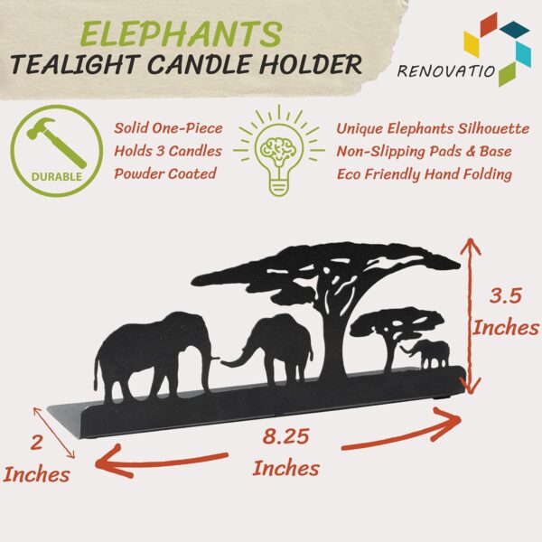 Renovatio Metal Tealight Candle Holder – Safari Elephants Silhouette Decor for Living Room, Meditation Space, Christmas & Wedding – Black Safari Theme