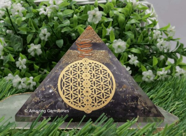 Large Orgone Pyramid | Amethyst Pyramid Crystal | Chakra Flower of Life Orgonite Pyramid | Organ Pyramids Positive Energy Healing