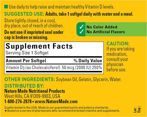 Nature Made Vitamin D3 2000 IU (50 mcg), Dietary Supplement for Bone, Teeth, Muscle and Immune Health Support, 250 Softgels, 250 Day Supply