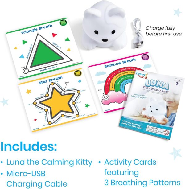 hand2mind Luna The Calming Kitty, Breathing Light, Guided Meditation for Kids, Mindfulness for Kids, Anxiety Relief Items, Calm Down Corner Supplies, Calming Toys for Kids, Social Emotional Learning