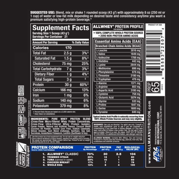 ALLMAX Nutrition AllWhey Classic 100 Whey Protein Chocolate 2 lbs 907 g