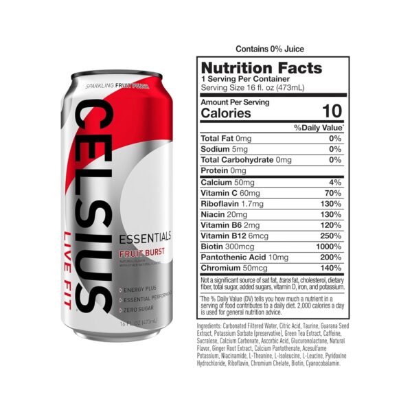 CELSIUS ESSENTIALS, Sparkling Fruit Burst, Performance Energy Drink 16 Fl Oz (Pack of 12)