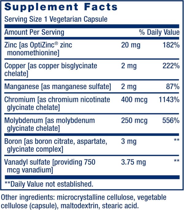 Life Extension Only Trace Minerals, a Daily dose of zinc, Chromium, Boron, Copper, Manganese, Vanadyl sulfate, Gluten-Free, Non-GMO, Vegetarian, 90 Capsules