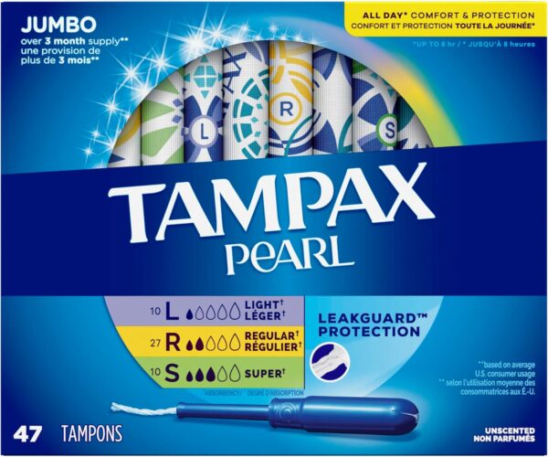 Tampax Pearl Tampons Multipack, Light/Regular/Super Absorbency, With Leakguard Braid, Unscented, 47 Count