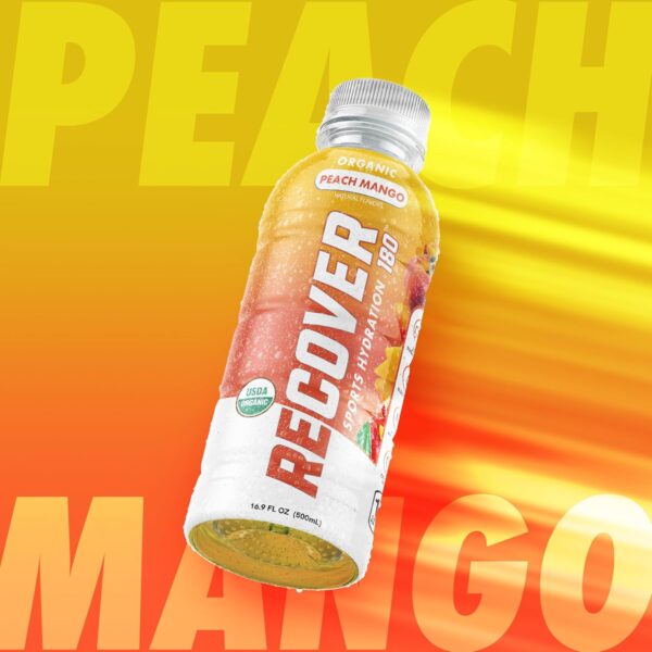 RECOVER 180 Organic Sports Hydration Drink, No Sugar Added, 15 Calorie Sports Beverage, Organic Flavors With Vitamins, Potassium-Packed Electrolytes (16.9 Fl Oz (Pack of 12), Peach Mango)