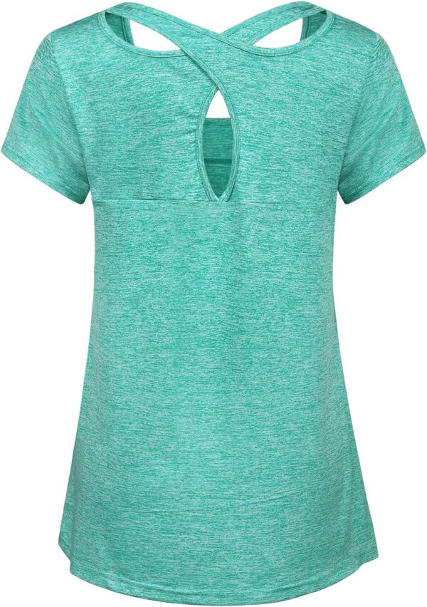 Kimmery Woman Short Sleeve Round Neck Criss Cross Back Yoga Shirt