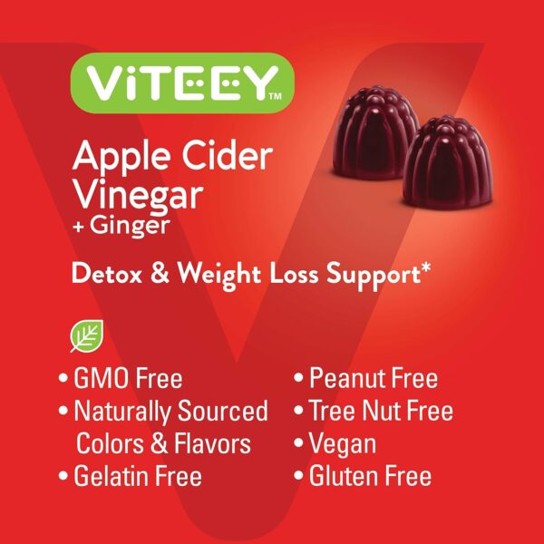 Apple Cider Vinegar Gummies 1,000mg Plus Ginger, ACV with The Mother, Detox Cleanse for Weight Loss and Immune Support, Vegan, Gluten Free, Gelatin Free, GMO Free - Chewable Apple Flavored Gummy