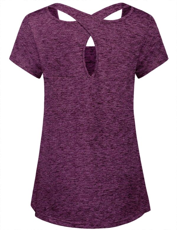 Kimmery Woman Short Sleeve Round Neck Criss Cross Back Yoga Shirt