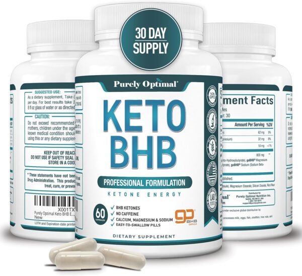 Purely Optimal Keto BHB Exogenous Ketones Supplement - Keto Diet Pills for Ketosis, Energy, Focus, Metabolism - for Women and Men (60 Capsules)
