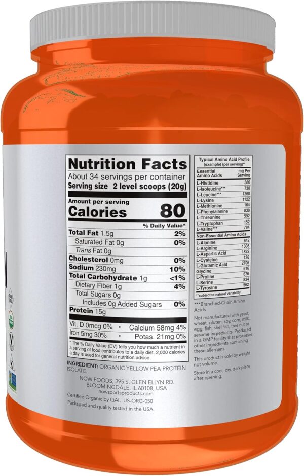 NOW Foods Sports Nutrition, Certified Organic Pea Protein 15 Grams, Unflavored Powder, 1.5-Pound