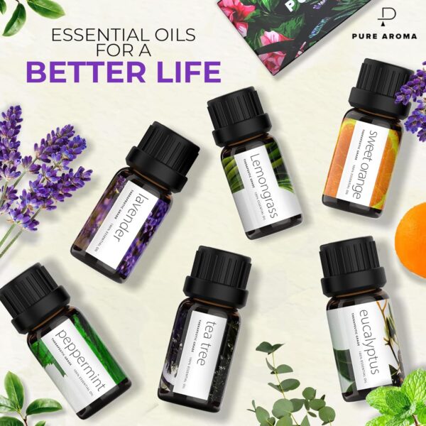 Essential Oils Set Pure Aroma - Top 6 Aromatherapy Oils Gift Set for Diffusers, Home Care, Candel Making Scents, Fragrance -Eucalyptus, Lavender, Lemongrass, Sweet Orange, Peppermint, Tea Tree (10ml)