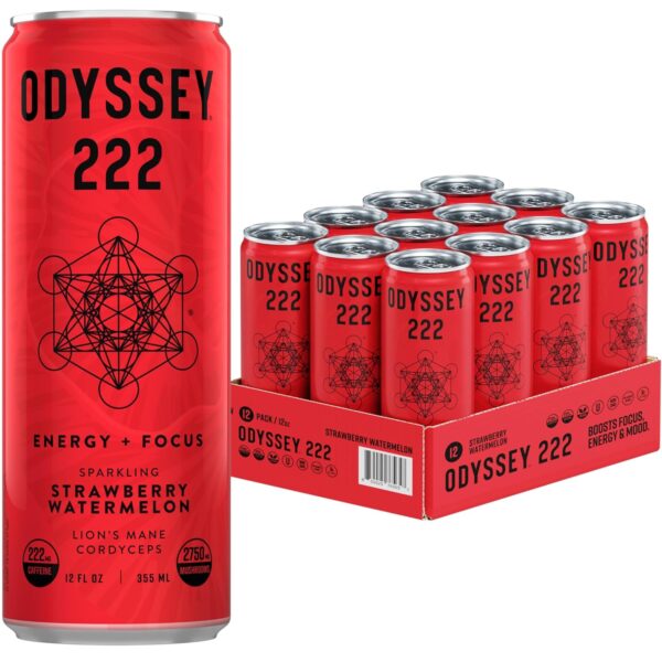 Odyssey Elixir - Odyssey 222 - Sparkling Energy Drink - 222 mg of Caffeine - Lion's Mane & Cordyceps - Energy & Focus - Endurance & Stamina - Nootropic - Pre Workout - Strawberry Watermelon