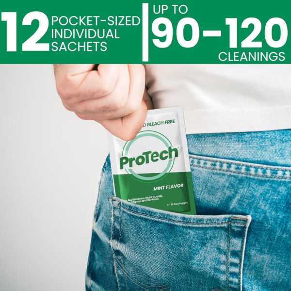 Protech Denture Cleaner 7g (3-Month Supply) Denture Cleanser Foils for Retainers, Nightguards, Mouthguards, and Dentures, Nicotine, Coffee and Iron Cleaning Foils, No Tablets, Long Lasting Packets