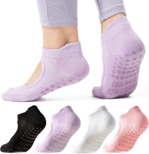 COOLMATE Pilates Socks with Grips for Women, Yoga Socks, Crew Non Slip Socks Women for Workout, Barre, Pilates Gifts(4 Pairs)