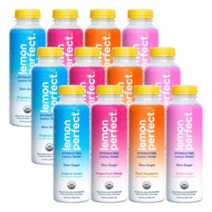 Lemon Perfect 4-Flavor Variety Pack, Hydrating Flavored Lemon Water, Zero Sugar, Refreshing, Organic, 15.2 fl oz Bottles (12-Pack)