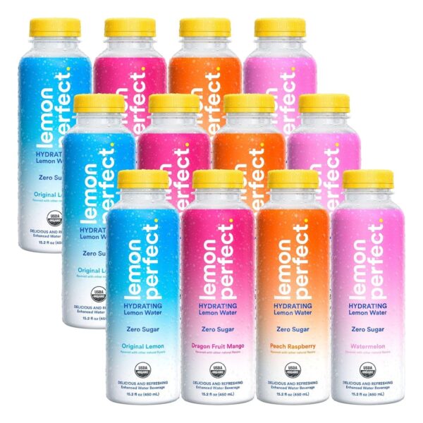 Lemon Perfect 4-Flavor Variety Pack, Hydrating Flavored Lemon Water, Zero Sugar, Refreshing, Organic, 15.2 fl oz Bottles (12-Pack)