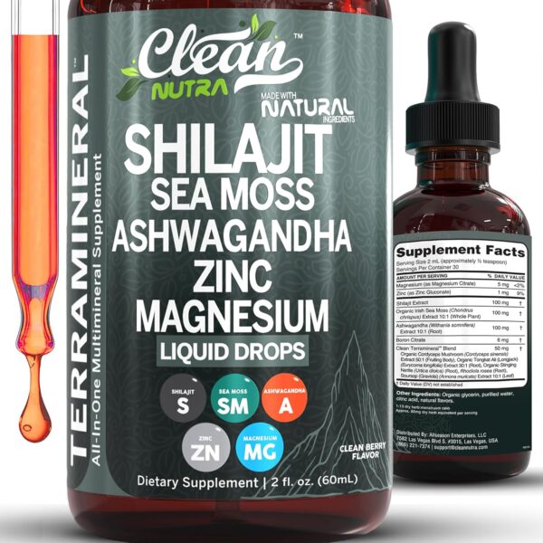 Shilajit Liquid Drops with Sea Moss, Ashwagandha, Zinc, Magnesium, Liquid Vitamins for Women and Men - Terra Mineral by Clean Nutra