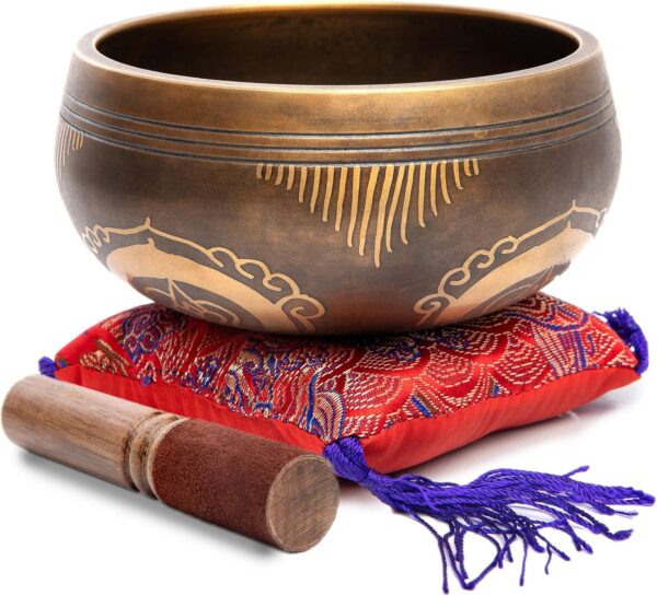 Tibetan Singing Bowl Set - Easy To Play Authentic Handcrafted For Meditation Sound Chakra Yoga Healing 4 Inches By Himalayan Bazaar (Brown and Maroon)