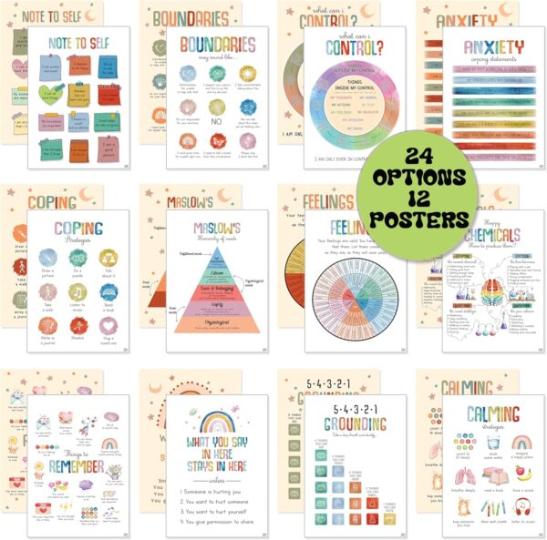 Jinniee 24 Opt Colorful Mental Health Posters, 12 Pcs Anxiety Therapy Motivational Poster Counseling Office Must Haves, School Counselor Supplies for Middle High School Must Haves Sets 10"x14"