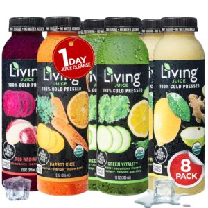O2 Living Juices Cold Pressed Juice – Organic Low-Calorie Detox Cleanse Drink, Non-GMO, Fresh Fruit & Vegetable Juice, Immunity Refresher, Vitamin-Packed Beverage – 8 Pack | 1-Day (12oz Each)