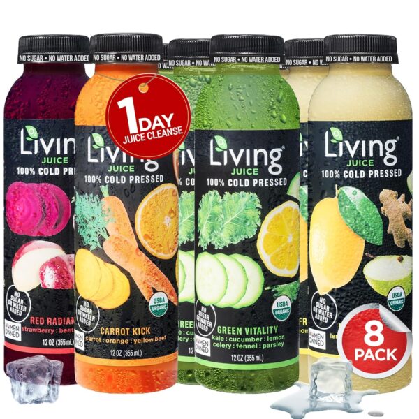 O2 Living Juices Cold Pressed Juice – Organic Low-Calorie Detox Cleanse Drink, Non-GMO, Fresh Fruit & Vegetable Juice, Immunity Refresher, Vitamin-Packed Beverage – 8 Pack | 1-Day (12oz Each)