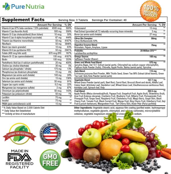 Whole Food MultiVitamin and Minerals with Probiotic Enzymes - 120 Multivitamins for Women and Men - Packed with WholeFood and Herbal Ingredients - Powerful Antioxidants for Digestive Support