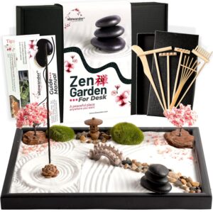 Zen Garden Kit for Desk 12x8in Sand Tray, Japanese Gift Set 14 Accessories and 6 Tools, Meditation Mini Zen Garden for Desk, Zen Sand Garden, Home Office Desk Decorations, Sand Therapy Kit, Rock Decor