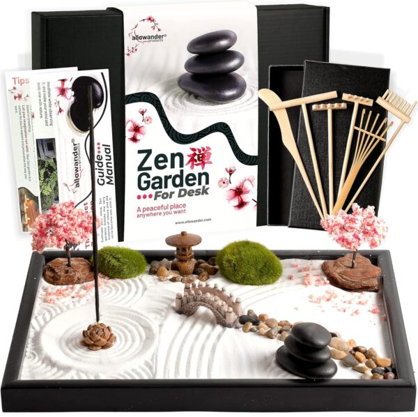 Zen Garden Kit for Desk 12x8in Sand Tray, Japanese Gift Set 14 Accessories and 6 Tools, Meditation Mini Zen Garden for Desk, Zen Sand Garden, Home Office Desk Decorations, Sand Therapy Kit, Rock Decor