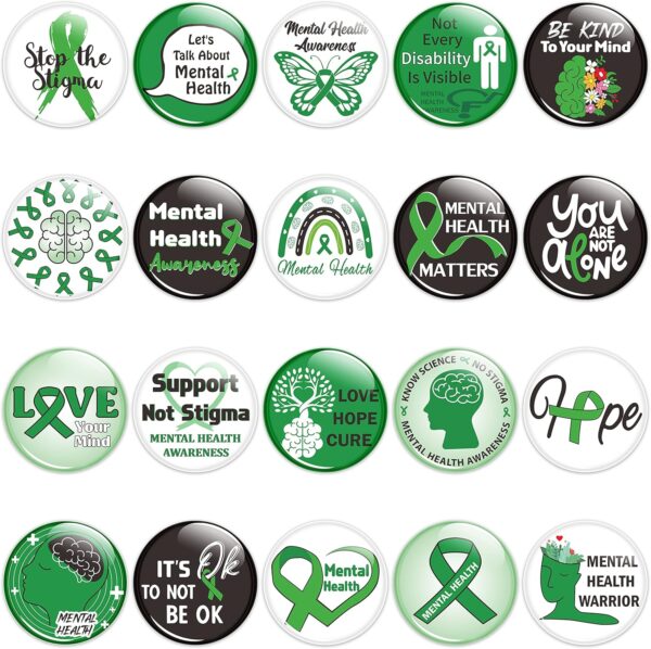 Mental Health Awareness Button Pins Green Ribbon Round Badges, Mental Health Awareness Month Brooch Pin, Mental Health Awareness Decoration Supplies, Clothing Bag Hat Accessories