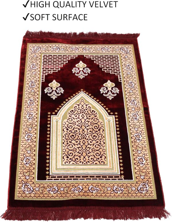 TB Muslim Prayer Rug, Islamic, Velvet Mat Ramadan Gift, with Prayer Bead Unique Decoration Gilded Gold-Like Embroidered for Women Man Kids Meditation Turkish African (Claret Red)