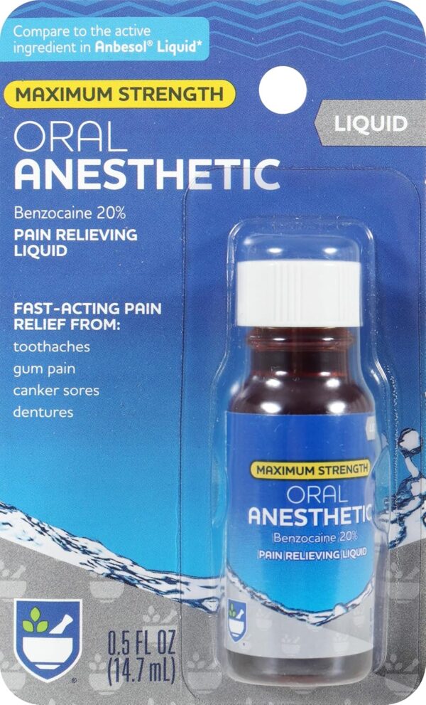 Rite Aid Maximum Strength Liquid Anesthetic Oral Pain Relief - .5 fl oz, Benzocaine 20% | Pain Relief Medications & Treatments | Canker Sore and Tooth Pain Relief for Adults | Mouth Sores Treatment