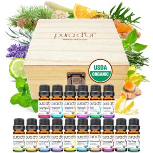 PURA D'OR Organic Sweet16 Essential Oils Set - 16x 10mL Wood Box Aromatherapy Gift Set - 100% Pure Therapeutic Grade for Relaxation and Wellness (Lavender, Rosemary, Turmeric, Ylang Ylang & More)