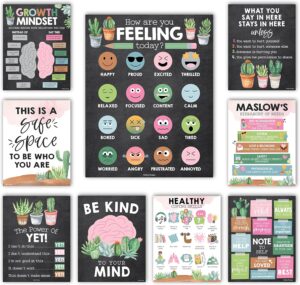 Hadley Designs 9 Cactus Mental Health Posters For Classroom Elementary - School Counselor Office Decor, Mental Health Therapy Decor For Office, School Counseling Office Decor, Calm Corner